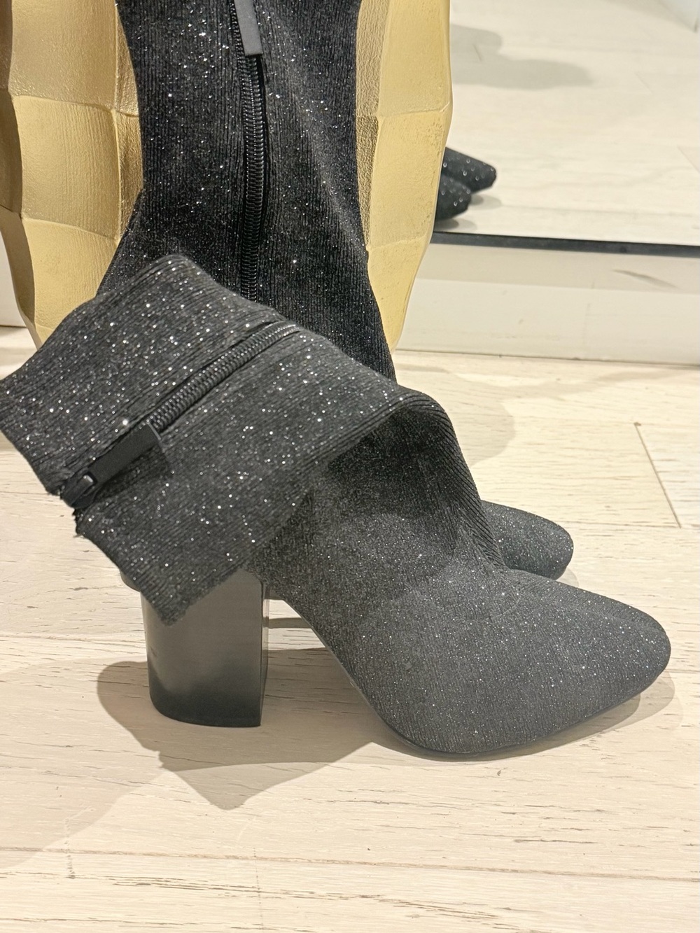 Kendall & Kylie Black Sparkle Block Heel Sock Boots